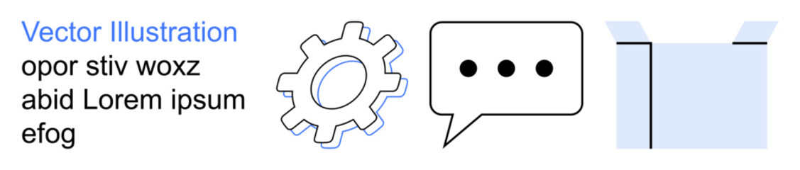 Communication, creativity, innovation, teamwork, productivity, technology. A cogwheel, speech bubble and open box next to text. Communication and creativity iconography effectively highlights © robu_s