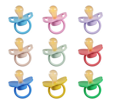 Set of pastel color 3d Baby Pacifier icon. Silicone nipple. Newborn boy and girl accessory, isolated on background. 3d render
