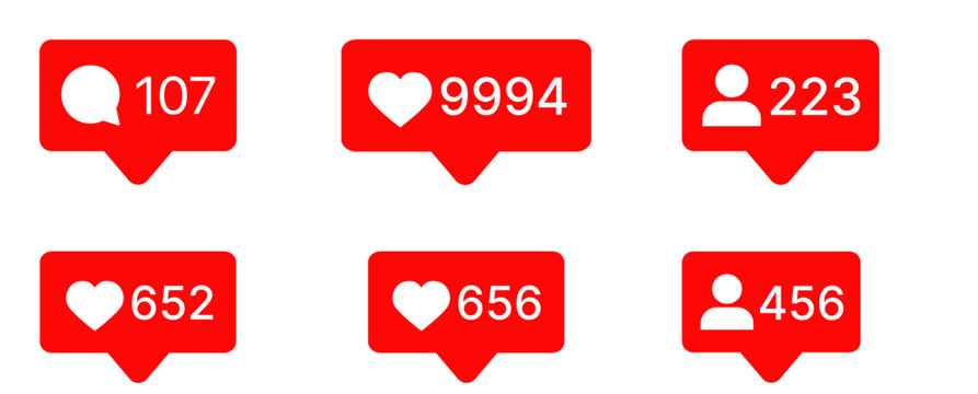 Red Social Media Notification Counter Badges - Like Comment Follow Icons