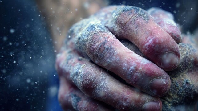 Close up reveals heavily used hands covered in fine white and dark residue against a dark backdrop.