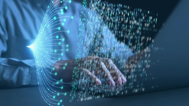 Futuristic concept of an AI-powered document management system (DMS). A businessman is working on a laptop with a virtual holographic interface displaying an artificial intelligence brain,