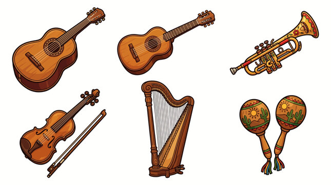 Various musical instruments on display including guitar, trumpet, violin, harp, and maracas