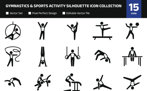 Gymnastics and Sports Activity Silhouette Icon Collection with Athletic Exercise Fitness Training and Acrobat Performance Symbols for Graphic Design Projects