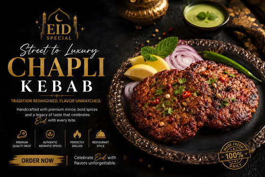 Street to Luxury Eid Chapli Kebab Campaign &ndash; Premium Pakistani BBQ Food Advertising Banner with Spicy Grilled Meat Presentation