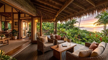 Fototapeta premium Spacious tropical open-concept home terrace with luxurious rattan seating, offering a stunning panoramic ocean and sunset view amidst lush green foliage