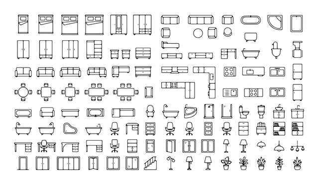 Home architecture furniture collection features top view outline interior blueprint icons with modern rooms, fixtures, planning elements, and decor.