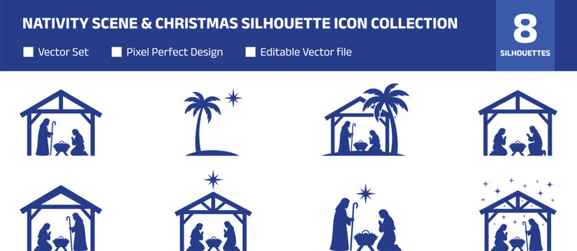 Nativity Scene and Christmas Silhouette Icon Collection with Religious Holiday Bethlehem and Sacred Family Symbols for Graphic Design Projects