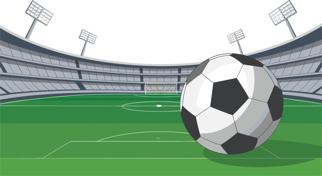 Soccer stadium with ball illustration, football arena field with goal and lights, sport vector background
