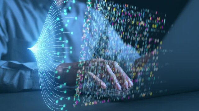 Futuristic concept of an AI-powered document management system (DMS). A businessman is working on a laptop with a virtual holographic interface displaying an artificial intelligence brain,