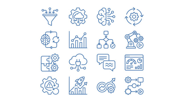 Set of line icons representing software development analytics machine learning and ai.