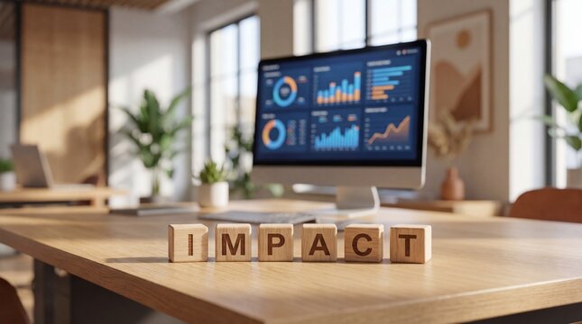 Impact word on wooden blocks in modern office, business data dashboard on computer screen, professional corporate workspace with financial analytics