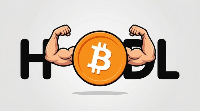 Bitcoin HODL Strength: A powerful illustration representing the concept of HODL in the cryptocurrency world, featuring a Bitcoin coin symbolizing strength and resilience with muscular arms flexing.