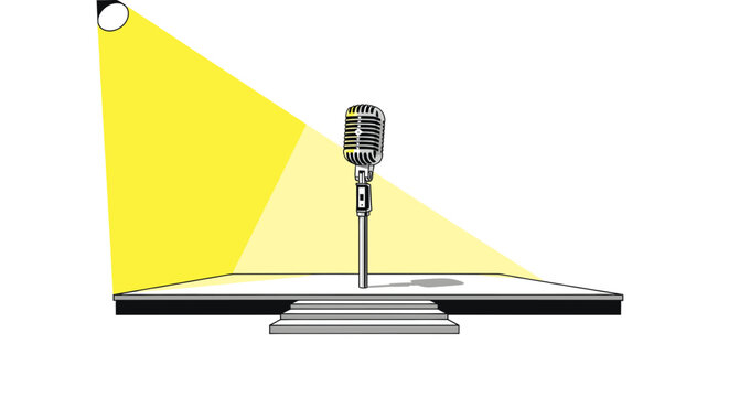 Retro Microphone on Stage Spotlight, Performance Concept, Vintage Music Icon