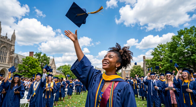 Happy diverse student throwing graduation cap into blue sky.