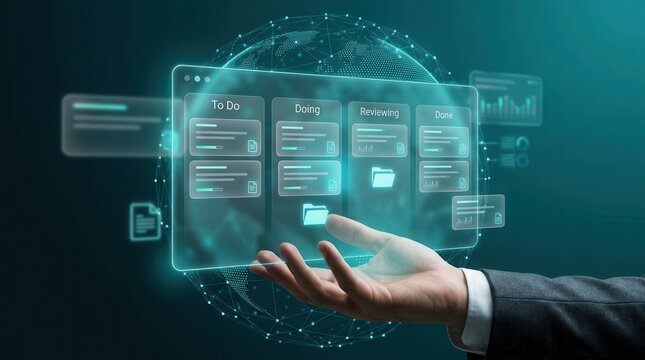 Productivity workflow visualization with project tracking and task management status.