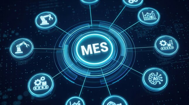 MES concept showing a centralized digital network of glowing manufacturing and industrial icons.