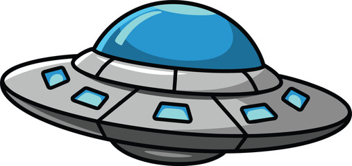 Cartoon UFO spaceship, flying saucer with blue dome, sci fi vector illustration isolated background © Kaiyum