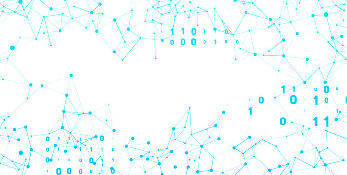 Abstract digital network background featuring interconnected light blue dots and lines, with prominent binary code numbers 0, 1 for technology and data concepts.