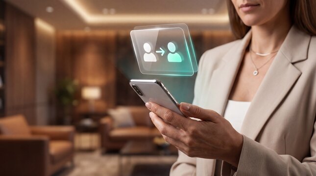 Digital contact sharing technology, businesswoman using smartphone for virtual networking, holographic user profile icon and data transfer concept