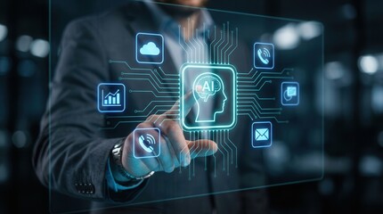 Fototapeta premium Conceptual image of AI integration and autonomous business process automation via an AI agent.