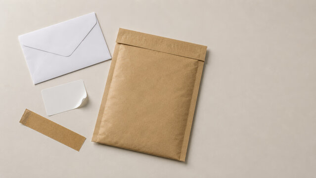 Minimalist Stationery Mockup with Bubble Mailer and Envelope