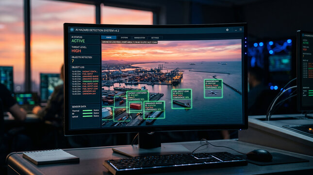Technology works to detect dangers in a busy urban port area during a sunset