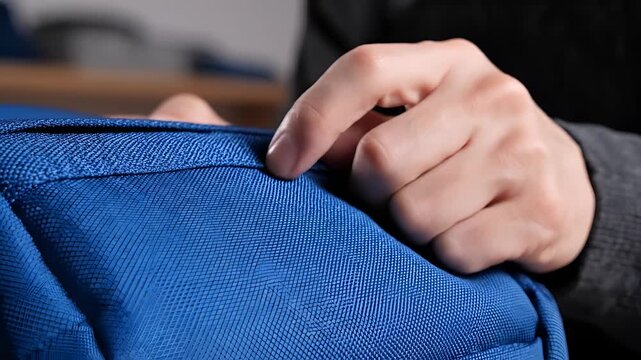 Closeup of a hand examining the stitching on a blue fabric bag.