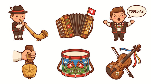 Traditional Swiss music performance with a man playing an alphorn and another man singing while holding a Swiss flag, surrounded by an accordion, a drum, and a violin.