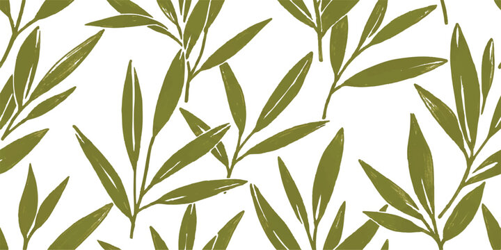 Seamless pattern with hand drawn green olive leaves and branches on a simple natural background