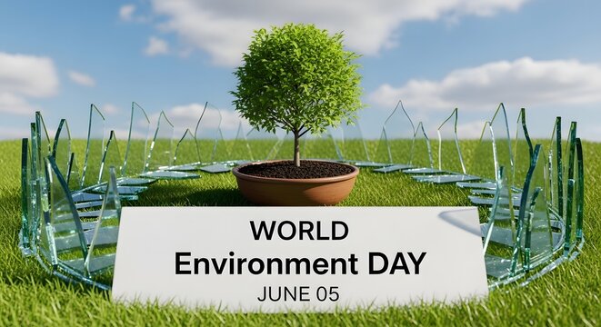 Tree in pot surrounded by broken glass World Environment Day