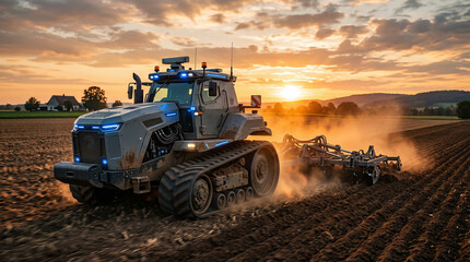 Fototapeta premium Innovative robotic technology clears land in post-conflict area at sunset to support agriculture and rebuilding efforts