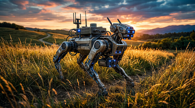 Robot dog operates in a field during sunset while scanning for explosives to ensure safety in post-conflict areas