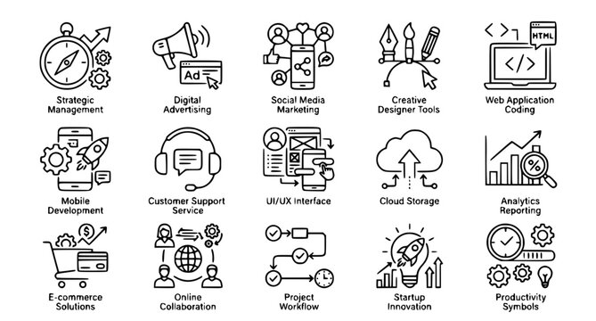 Digital marketing and web app development outline icon collection with modern business strategy symbols