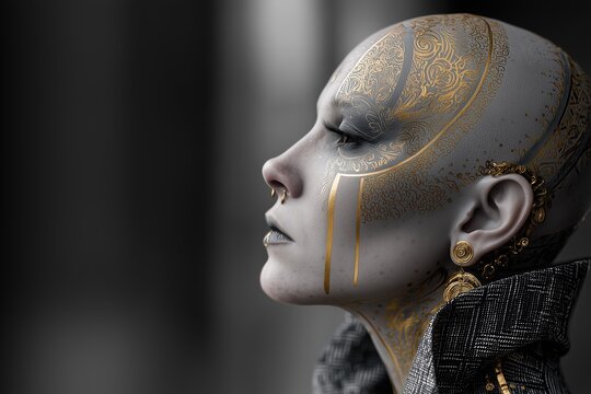 Futuristic bald woman with metallic golden face art and closed eyes in dramatic studio profile lighting Concept of cyber beauty
