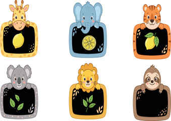 Fototapeta premium Cute Safari Animal Label Set with Giraffe, Elephant, Tiger, Koala, Lion, and Sloth for Kids and Nursery Designs