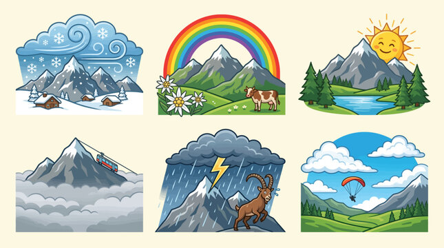 A serene mountain landscape with a rainbow, sunny, cloudy, and stormy weather conditions featuring a deer, trees, and a lake in a natural scenery.