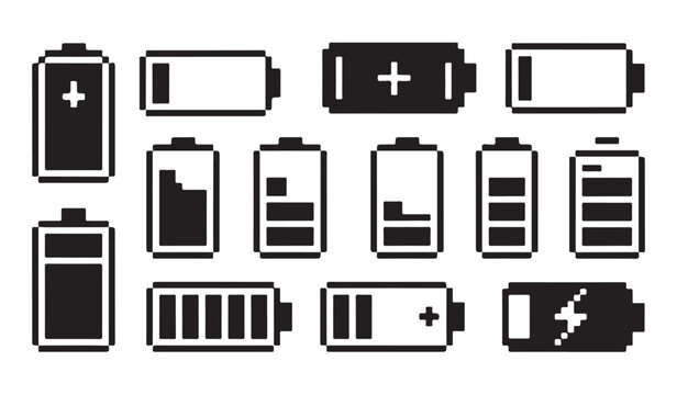 Pixel art battery set with different charging levels and energy symbols for mobile game app.