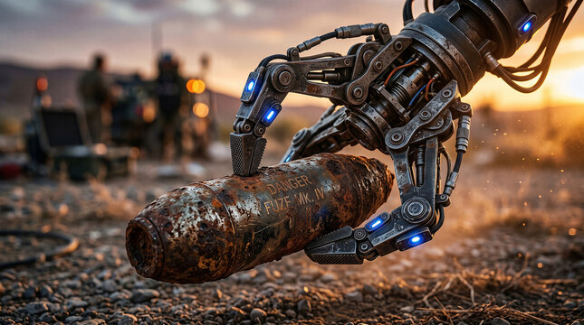 Robot arm handles unexploded bomb in minefield during clearance operation using advanced technology and artificial intelligence