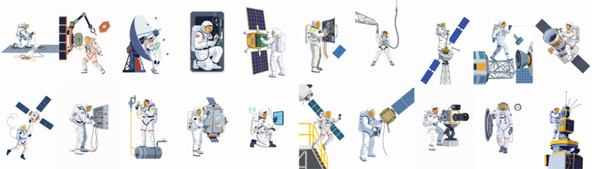 Collection of various flat illustrations of astronauts performing technical maintenance, repairs, and scientific operations on satellites and space stations. © Asep