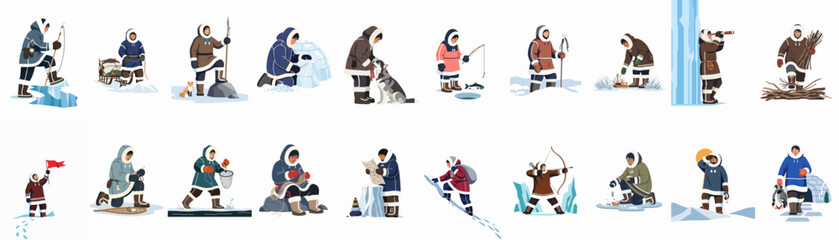 Collection of Inuit characters engaged in traditional Arctic activities like hunting, fishing, building igloos, and navigating the frozen tundra. © Asep