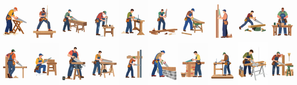Vector illustrations of professional carpenters and craftsmen using hand saws and wood tools for different timber construction and woodworking tasks.