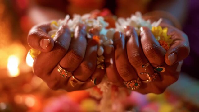Close up of hands holding flowers for Hindu puja ritual during festival with warm bokeh lights in background