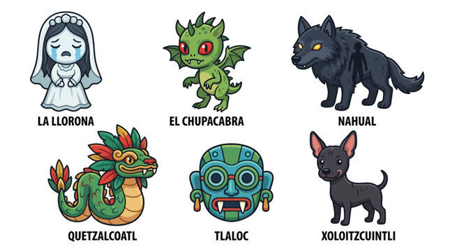 Mythical creatures and legendary beings from Latin American folklore are depicted together.