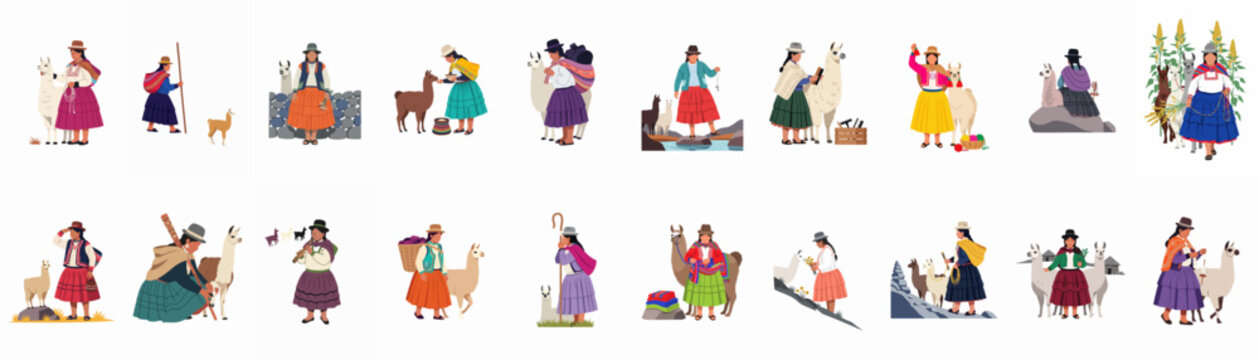 Collection of Peruvian women in traditional dress with llamas, depicting various Andean cultural activities and daily life in flat illustration style.