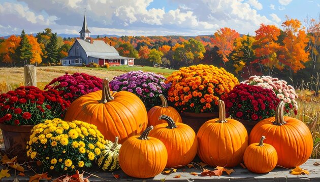 A vibrant fall landscape with pumpkins and colorful mums in pots, with a quaint church and rolling hills under a bright sky