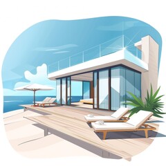 Fototapeta premium Modern house by the sea with loungers and umbrella on a sunny day in a coastal setting
