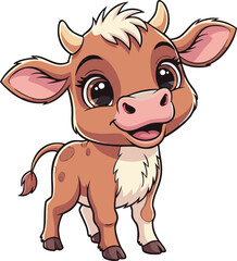 Obraz premium Cute cartoon cow standing with a friendly expression white background digitally created black eyes domestic livestock illustration character isolated friendly adorable creature wildlife