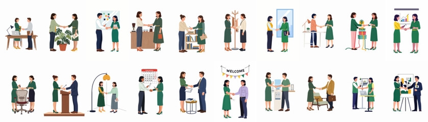 Obraz premium Set of diverse business people shaking hands in various office settings, representing partnerships, onboarding, teamwork, and professional success in a clean flat vector style.