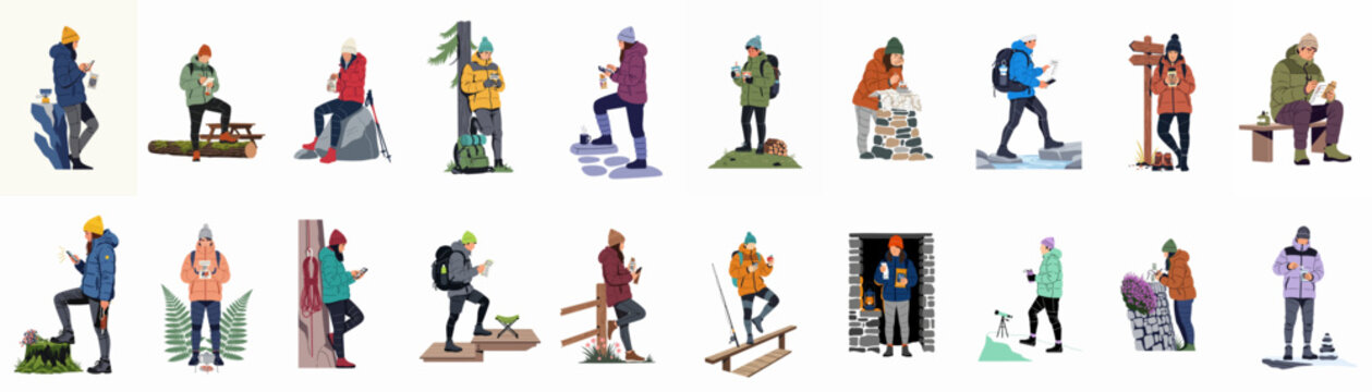 A collection of various hikers and outdoor enthusiasts engaged in activities like trekking, navigating, eating, and resting in nature.