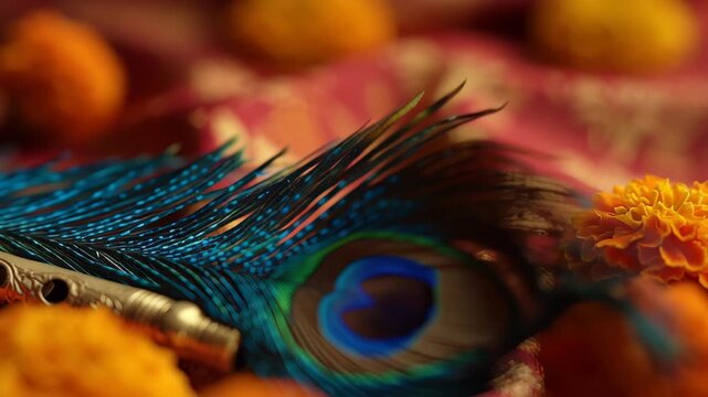 Peacock feather and golden flute for Hindu festival celebration ritual